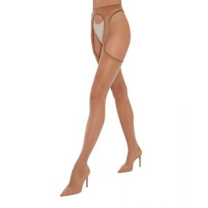 Fiore Collant ouvert femme effet porte-Jaretelles sexy en voile 20 DEN soyeux – S, M, L, XL - Tan - T2 (MESJAMBESCHIC, neuf)