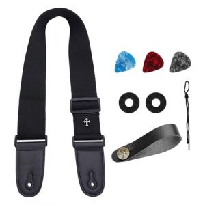 NYGGTYK Sangle de Guitare Noire Avec Boucle de Ceinture, 2 Verrous en Caoutchouc, 3 Médiators - Sangle Croisée Pour Guitare Électrique - Noir, 5 cm (JIANICE, neuf)