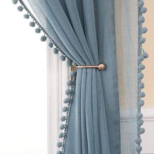 MIULEE Rideau Voilage à Pompons-Voilage Bleu a Oeillets Lot de 2 (2XL140 x H 160 cm), Beaux Rideaux Décoratif Chambre Bebe, Voilage Fenetre Intérieurs Salon, Rideau avec Boule Peluche (MIULEE HOME, neuf)