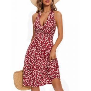 shownicer Robe Femme sans Manches Imprimée Floral Robe Courte Été Sexy Bretelle Dos Nu Mini Robe Casual Ample Robe de Plage A Vin Rouge XXL (Bang Okay Design, neuf)