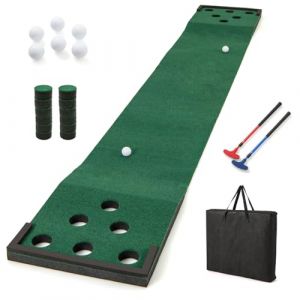 GOPLUS Tapis de Putting Golf Pong de 332 cm pour Intérieur et Extérieur avec 2 Putters Ajustables, 6 Balles et 12 Couvercles de Trou pour Soirées en Famille, Fêtes, Maison et Bureau (Augenstern24, neuf)