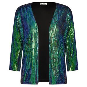 Bol&eacute;ro Femme Veste &agrave; Sequins Gilet Court Cardigan Manches Longues Classique El&eacute;gante Jersey Chic pour Robe Soir&eacute;e Vintage Bleu Vert &agrave; Paillettes L (Zexxxy, neuf)
