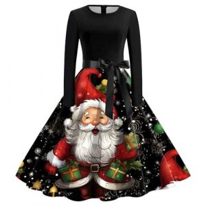 Robe Noel Femme Robe De Noel Chic Et Elegant Manches Longues Robe De Soiree Cocktail Imprim&eacute;es No&euml;l 1950er Swing Hepburn Robe De No&euml;l Rockabilly Vintage Christmas Dress Costume P&egrave;re No&euml;l (Chnnamzu (7-12 jours), neuf)