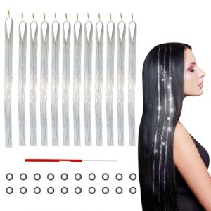FUIPVGI Extensions de Cheveux 2400 Mèches avec Outils, Mèches de Cheveux Tinsel, Kit de Guirlandes de Cheveux Brillantes, Extensions de Cheveux Fées, Fête, Cosplay, Musique Festivals, 120CM (Argent) (DONG YI, neuf)