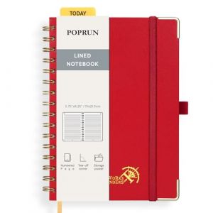 POPRUN Carnet de Notes Ligné A5 Spirale, Cahier Couverture rigide, Bullet Journal avec 141 Pages Numérotées, Papier 120 g/m², Étiquettes Autocollantes et 8 Feuilles Détachables, Rouge-RD (Time Works Wonders, neuf)