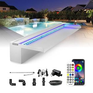 LONGRUN Cascade Piscine Fontaine, Lame d' Eau Piscine 60cm, Contr&ocirc;le par APP Bluetooth,Acier Inoxydable Rectangulaire Lame Fontaine Bassin avec LED 7 Couleurs, Cascade Bassin pour Jardin Exterieur (QIHANGDIANZI, neuf)