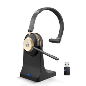 Casque Bluetooth sans fil avec micro antibruit et dongle USB, casque sans fil avec base de charge et 45 heures de temps de conversation pour bureau/ordinateur/t&eacute;l&eacute;phone portable/&eacute;quipes MS/Skype/Zoom (Vonztek-Direct, neuf)