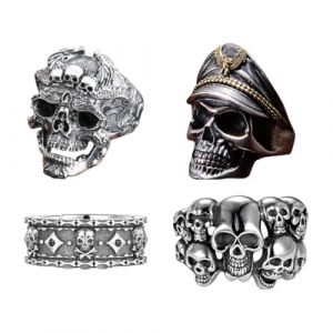 OIXYEY 4 bagues r&eacute;tro punk rock t&ecirc;te de mort pour homme, bague en acier inoxydable, bague bande, bague en acier inoxydable pour hommes, gar&ccedil;ons, pirates,t&ecirc;te de mort, motardsbagues pour carnaval (weihaizengweishangmaoyouxiangongsi, neuf)