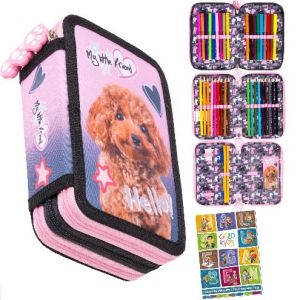 Goldkids - Trousse &agrave; 3 compartiments - Trousse pour filles et gar&ccedil;ons - Trousse &agrave; 3 compartiments - Trousse remplie - Trousse d'&eacute;colier et cahier de devoirs, Chien 2, 3-f&auml;hig, Trousse &agrave; crayons (Goldkids, neuf)