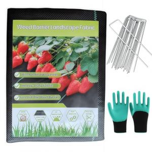 Lanyesky Chiffon de Couverture, 1x10M polypropyl&egrave;ne tiss&eacute; Pile de Mauvaises Herbes avec 10 poteaux de Jardin et Gants - 100g/m&sup2; Tissu de d&eacute;sherbage Hydrofuge r&eacute;sistant aux UV (1m x 10m) (Lanyesky, neuf)