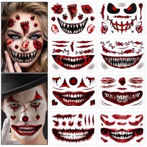 DPKOW Tatouages d'Halloween temporaires Tatouages de Zombie Tatouages de Visage d'Halloween Ephemere Tatouages Cicatrice Bouche, Accessoires de Maquillage d'Halloween Faux Tatouages, 6 Feuilles (dpkow, neuf)