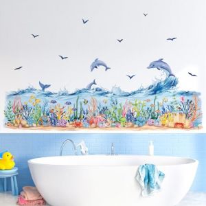 decalmile Stickers Muraux Sous la Mer Algues Autocollant Mural Dauphin Poisson Océan Herbe Vague Coin Plinthe Décoration Murale Chambre Enfants Bébé Pépinière Salle de Bain (DecalMile Direct, neuf)