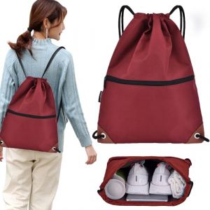 CINY Sacs à Cordon, Sac à Dos Pour Gym Avec Cordon De Serrage Pour Hommes Et Femmes Avec Fermeture à Glissière, Sac à Cordon Imperméable Pour La Plage, La Natation, La Randonnée (Rouge foncé) (CINY, neuf)