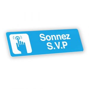 Plaque signal&eacute;tique grav&eacute;e autocollante Sonnez S.V.P - bleu clair - format 12x3,7 cm (my-goodprice, neuf)