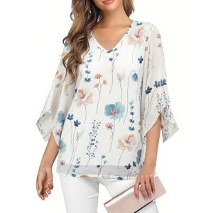 Enmain Tunique Femme Longue Chic et &eacute;l&eacute;gant col en V Motif Floral Haut Chemisier Blouse Femme Ample &agrave; 3/4 Manches Casual Fete Top Blanche XL (ELOOKEUR, neuf)