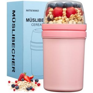 Mitsemmo Bol muesli a emporter avec cuill&egrave;re,600 ml + 270 ml Gobelets &agrave; C&eacute;r&eacute;ales,Pot de yaourt en plastique,Pot petit dejeuner porridge Salade Bols avoine overnight oats jar (Rose) (Mitsemmo, neuf)