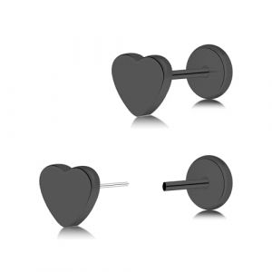 ZDE Dame boucles d'oreille sans fil plat arri&egrave;re boucles d'oreille arri&egrave;re titane hypoallerg&egrave;ne non-nickel boucle d'oreille pour oreilles sensibles (Threadless-Heart-Black) (QIAONI, neuf)