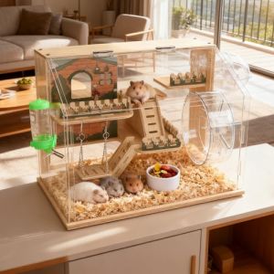 Cage en Bois pour Hamster, Habitat avec Vue &agrave; 270&deg;, Une Cage &agrave; Hamster Bien A&eacute;r&eacute;e, avec Panneaux Acryliques Bien Visibles, Cage Ventil&eacute;e pour Petits Animaux (Gerbilles, Rats, Cobayes, Souris) (XXWX, neuf)