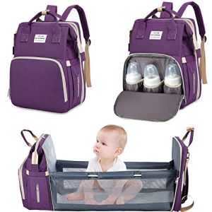 Sac à Dos à Langer pour Bébé,Sac de Voyage avec Lit de Bébé Portable,Grande Capacité Sac à Couches Multifonction Imperméable,2 Sangles de Poussette,pour Biberon Sac à Dos (Violet) (DINGZHAO, neuf)