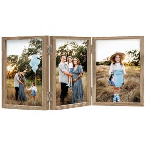 Triple cadre photo 10 x 15 cm en bois pliable avec support vertical en verre sur le bureau (SSUEI, neuf)