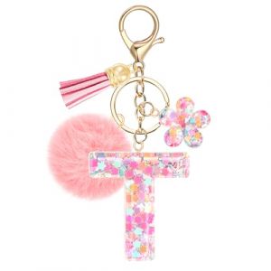 JSRQT Porte-clés Rose avec Initiale T pour Femmes Filles, Nom Porte-clés en Résine Lettres Alphabet à Paillettes et Fleurs, Pompons Pendentifs Bijou de Sac Keychain pour Sac à Main et Sac à Dos (JSRQT-JR, neuf)