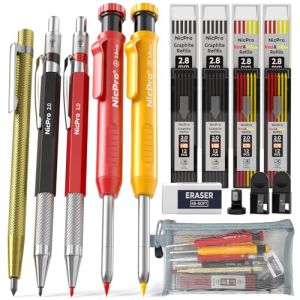 Nicpro Lot de 5 crayons de charpentier avec 76 recharges, outil &agrave; tracer color&eacute; &agrave; trou profond, marqueur avec recharges de plomb, taille-crayon et gommes pour architecte de dessin de construction (NicproShop EU, neuf)