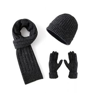 Lallier Winter 3pcs hommes laine chapeau écharpe écran tactile gants ensemble, bonnet chaud tête de mort écharpe thermique gant ensemble pour hommes (Gris Foncé) (TripleH FR, neuf)