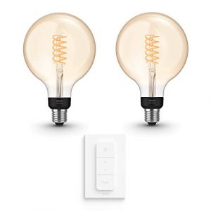 Philips Hue Pack avantag&eacute; - E27 - avec 2 ampoules &agrave; filament Globe grandes (G125) - Lumi&egrave;re blanche chaude - Comprend 1 Variateur de lumiere Hue - Hue White Filament (Light Gallery Netherlands, neuf)