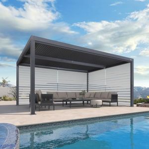 PURPLE LEAF Pergola Bioclimatique 4,8 x 3,68 m Pergola Aluminium avec Stores Enrouleurs des Deux Côtés Tonnelle de Jardin Lames Orientables Pergolas Jardin Extérieur, 1 Côté Long et 1 Côté Court, Gris (PURPLE LEAF, neuf)
