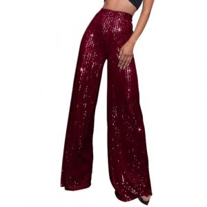 Duohropke Pantalon &agrave; paillettes pour femme, jambe large, taille haute, avec paillettes, &eacute;l&eacute;gant, style ann&eacute;es 70, pantalon stretch pour club, f&ecirc;te, danse, 02 Wine, L (PANGCON, neuf)