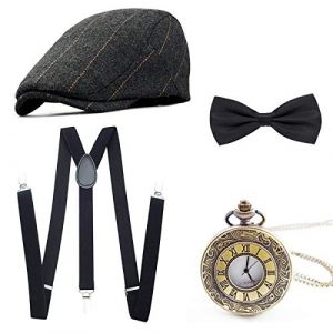 Wagoog des Années 1920 accessoires pour hommes, Mafia gatsby costume ensemble y compris le chapeau panama, Ajustable bretelles élastiques, Cravate noeud de cou mens et montre de poche vintage (Wagoog, neuf)