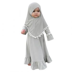 FYMNSI Nouveau-n&eacute; Robe de Pri&egrave;re pour B&eacute;b&eacute; Fille, V&ecirc;tements Musulmans pour Enfants Abaya &agrave; Manches Longues avec Hijab Maxi Ensemble Robe Islamique Kaftan Moyen Orient Arabe Dubai Robe Gris 6-12 Mois (FYMNSI store, neuf)