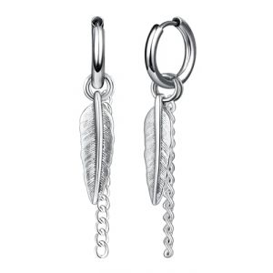 Yumilok Boucles d'oreilles Créoles en Acier Inoxydable pour Hommes: Argent Pendantes d'oreilles de Plume et Chaîne - Fashion Anneau d'oreille Femmes - Bijoux Fantaisie Décoration Adolescent (Yumilok, neuf)