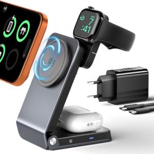 ALAFLY Station de Charge Magn&eacute;tique 25W, Chargeur &agrave; Induction 3 en 1 Qi2.2, Chargeur sans Fil avec MagSafe pour iPhone 17, Apple Watch, AirPods (avec Adaptateur 45W) (imluckies-Direct, neuf)