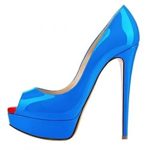 QIANKUN Chaussures &agrave; talons hauts &agrave; plateforme ouverte sexy pour femmes avec bout pointu en cuir verni rouge - Stilettos de mariage bleu ciel, 40 (yananshibaotaqucaodeyushangmaojingyingbu, neuf)