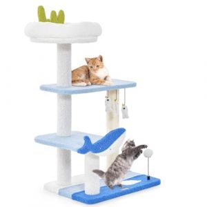 COSTWAY Arbre à Chat en Style Océanne, Petit Arbre a Chat à 4 Étages, Poteaux à Griffer en Sisal, 3 Plateformes, Pompon, Jouets Suspendus, Centre d'Activité pour Chat (86 CM) (FDS GmbH, neuf)
