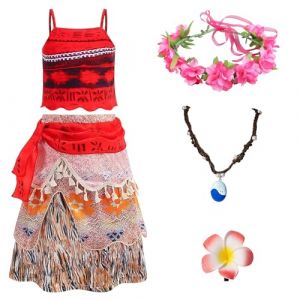 Déguisement Moana Fille, 3-11 Ans Déguisement Fille Vaiana Robe avec avec Couronne de Fleurs Collier, Moana Princesse Costavec Guirlande, Vaiana Pour Cosplay FêTes Anniversaires Carnaval Halloween (PBZHEUN, neuf)