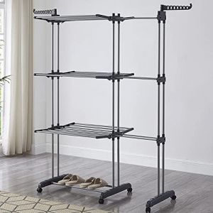 LANTUS Étendoir Linge Intérieur sur 3 Niveau, Séchoir à Linge Extensible Réglable, Tancarville Grand Capacité, avec 6 Roues de Frein de Stationnement à 360°,75-142.5 * 64 * 170cm (Gris) (Hechheu, neuf)
