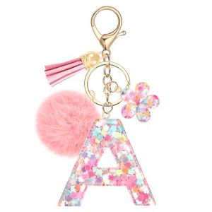 JSRQT Porte-clés Rose avec Initiale A pour Femmes Filles, Nom Porte-clés en Résine Lettres Alphabet à Paillettes et Fleurs, Pompons Pendentifs Bijou de Sac Keychain pour Sac à Main et Sac à Dos (JSRQT-JR, neuf)