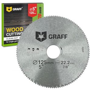 GRAFF Disque Bois Meuleuse 125 x 120 Dents – Disque Sculpture Bois, Contreplaqué, Stratifié, Cloison, Sèche, Plastique – Lame de Scie Circulaire avec Alésage de 22,23 mm (UAB Handproftools, neuf)