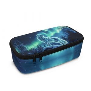 Dngkaoje Grande trousse à crayons pour filles et garçons, esthétique avec fermeture éclair, jolie trousse à crayons pour l'école, Loup étoilé bleu, L10.2xW4.5xH3.2 inches, Poche de rangement (fengzexingan, neuf)