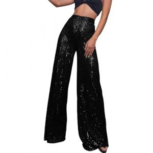 Duohropke Pantalon &agrave; paillettes pour femme, jambe large, taille haute, avec paillettes, &eacute;l&eacute;gant, style ann&eacute;es 70, pantalon stretch pour club, f&ecirc;te, danse, 02 noir., XXL (PANGCON, neuf)
