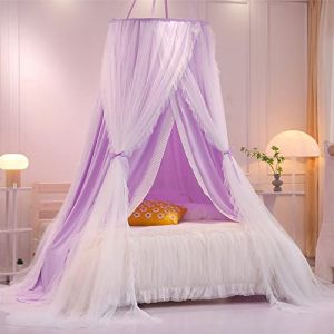 HUOQOU Baldaquin en Dôme Rond à Double Couche pour Princesse Tente de Lit pour Filles Moustiquaire de Rêve Décoration Mignonne pour Chambre à Coucher Château de Jeu Coin Lecture (Violet/Blanc) (blingbling textile, neuf)