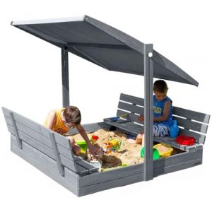 Bac à Sable Enfant en Bois fermé de 140 x 140 cm avec bancs-bac a Sable avec Couvercle- Bois de pin imprégné -bac à Sable avec Toit surbaissé -1 bâche de Protection 1 bâche Isolante (Finesse Online Store B.V., neuf)