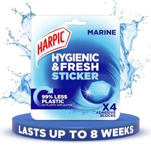 HARPIC HYGIENIC FRESH STICKER Bloc de toilette adhésif, marine, paquets de 4 autocollants, désodorisant WC, sans applicateur en plastique. (Blacutt Market, neuf)