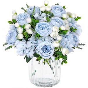 SOMYTING Lot de 4 bouquets de pivoines artificielles - Bouquet de pivoines artificielles - Fleurs d'hortensia en soie - Bouquets de pivoines en soie pour mariage - D&eacute;coration de table (bleu-blanc) (BGX-EU, neuf)