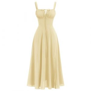 IBAKOM Femmes Robe d'&Eacute;t&eacute; Bretelles Robe de Printemps Boh&egrave;me Robe Avant Fourche Swing Midi Sun Jupe F&ecirc;te Vacances Plage Jaune XS (ZhuL, neuf)