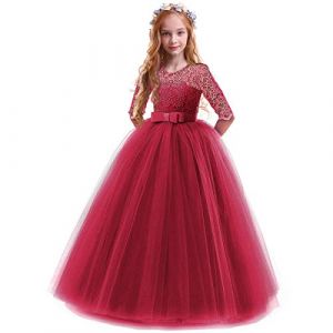 FYMNSI Robe Enfant Fille Ceremonie Anniversaire de Princesse d'honneur Mariage Bowknot Manches 3/4 Longue en Dentelle Robe Tutu Tulle de Soir&eacute;e Bal Partie Formelle Carnaval Bourgogne 3-4 Ans (FYMNSI store, neuf)
