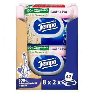 Tempo Lot de 16 serviettes de toilette humides « Doux & Pur » – Lot de 42 lingettes – Duo Packs – Papier toilette humide testé dermatologiquement et neutre au pH (atundo-shop, neuf)