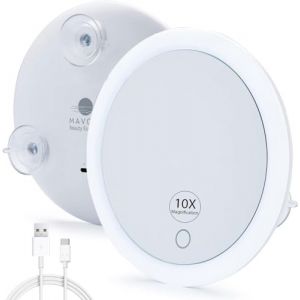 MAVORO Miroir grossissant Triple Ventouse avec lumière | Rechargeable | Miroir LED rétroéclairé grossissant 10x. Miroir de Maquillage éclairé Compact et Portable pour Salle de Bain ou Voyage | USB (Mavoro EU, neuf)